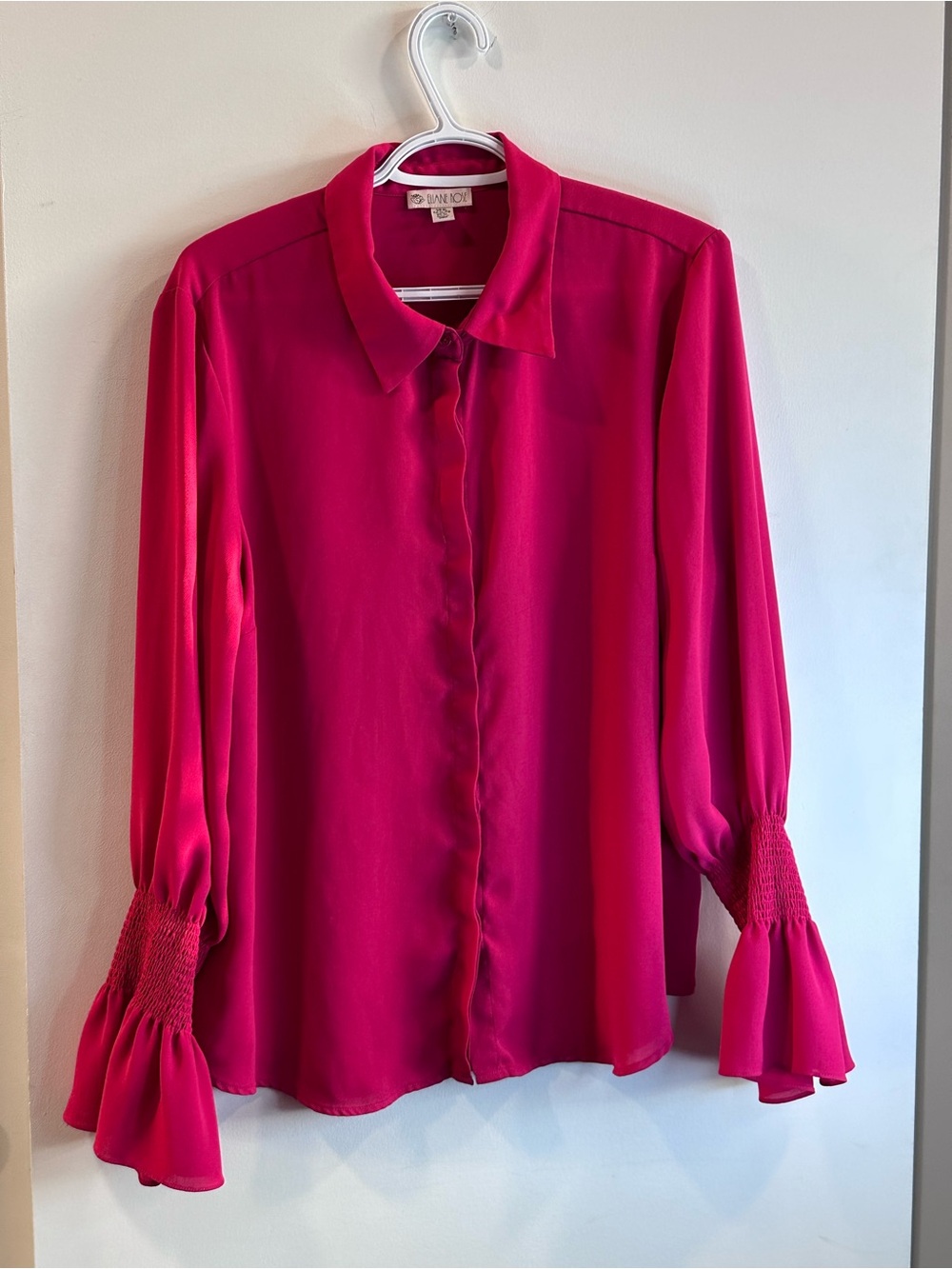 Elaine Rose Bright Fuchsia Button-Front Blouse with Smocked Ruffle Cuffs